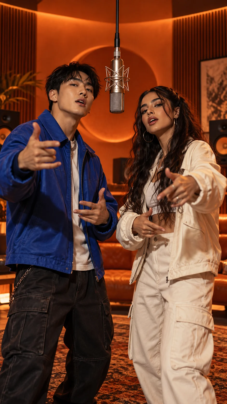 Visual concept of two young adults rapping together in a warm orange studio