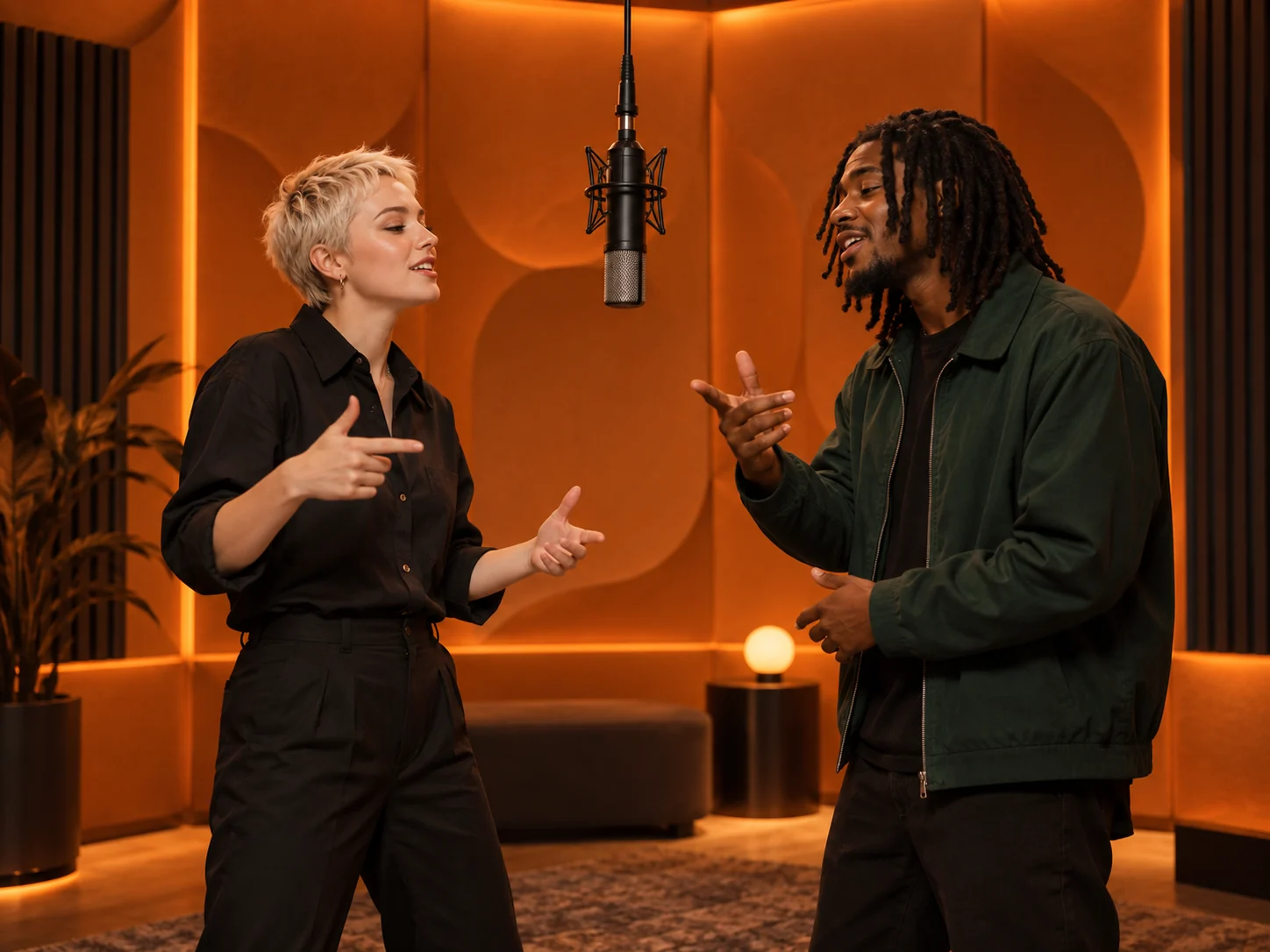 Warm Studio. Two Performers. One Mic., illustrative Rap Duo scene